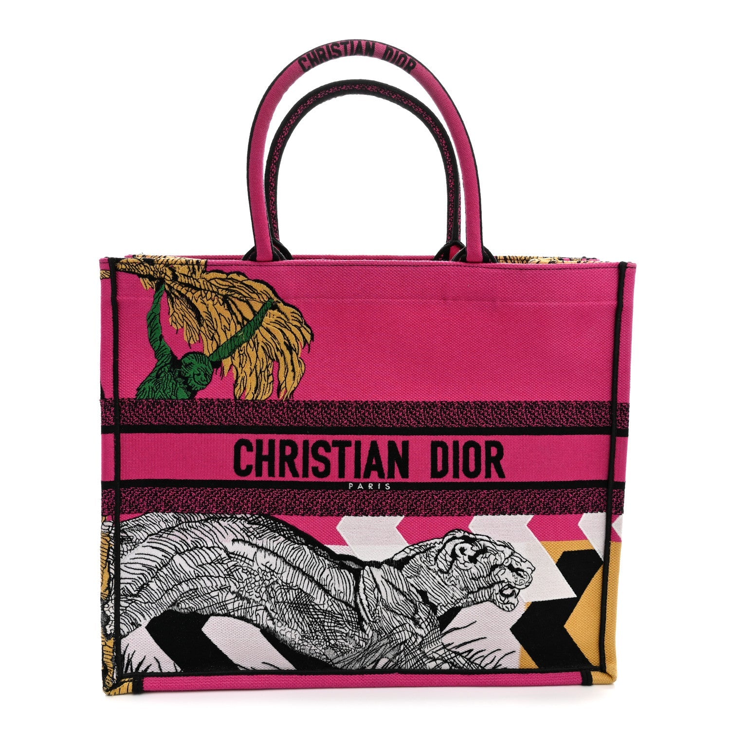 Dior Canvas Embroidered Large Jungle Pop Book Tote Fuchsia Multicolor
