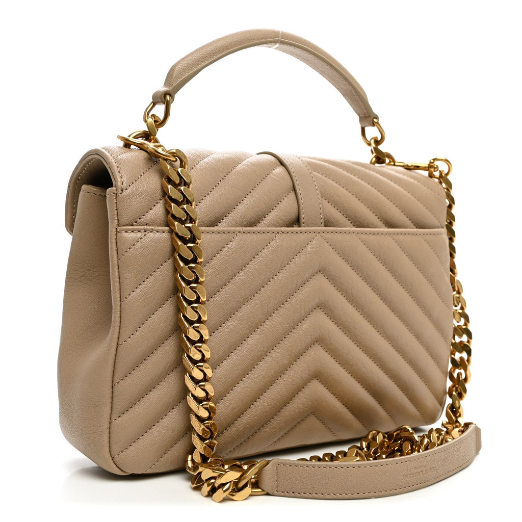 Saint Laurent Sheepskin Matelasse Chevron Monogram Medium College Bag Dark Beige