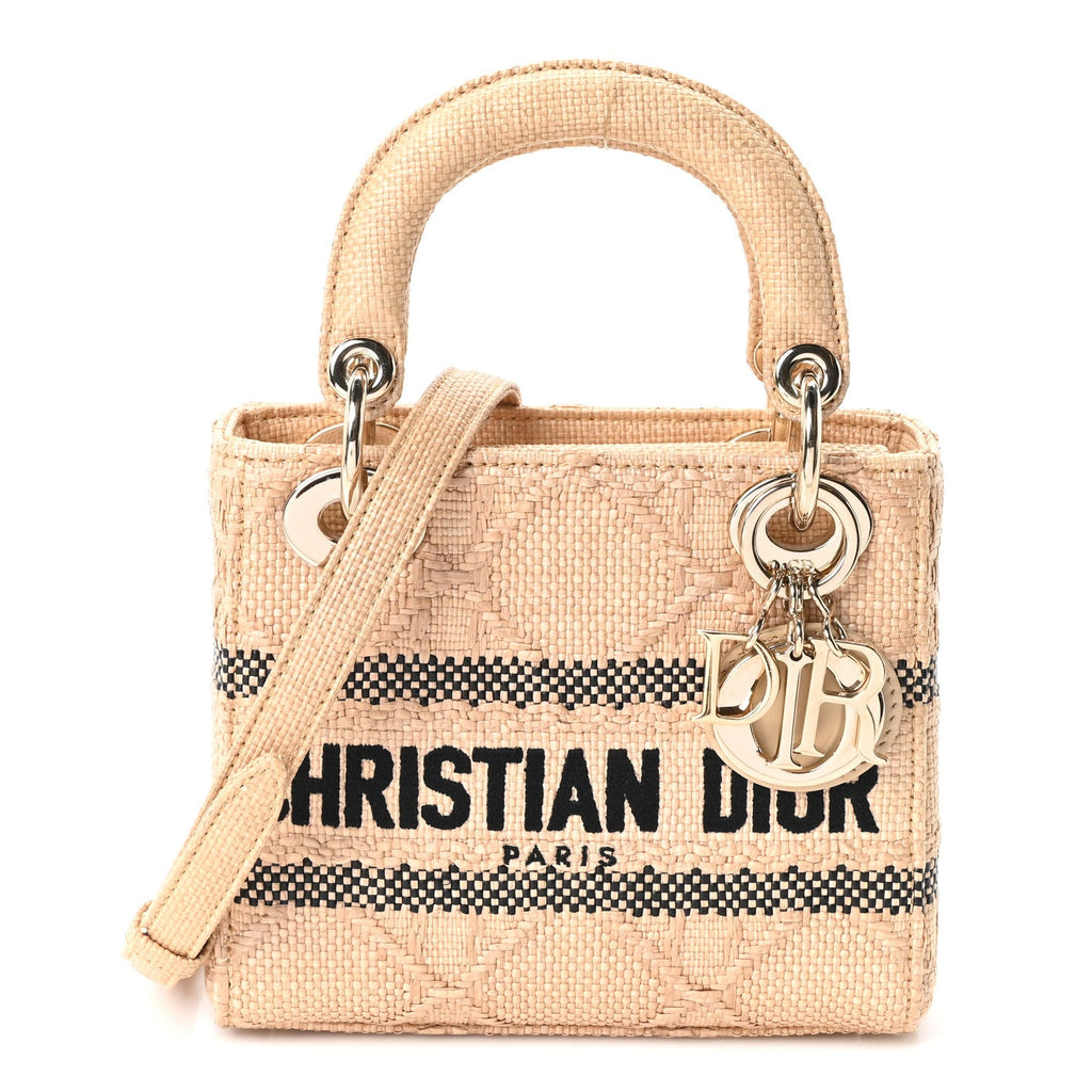 Dior Raffia Woven Cannage Embroidered Mini Lady D-Lite Natural Black