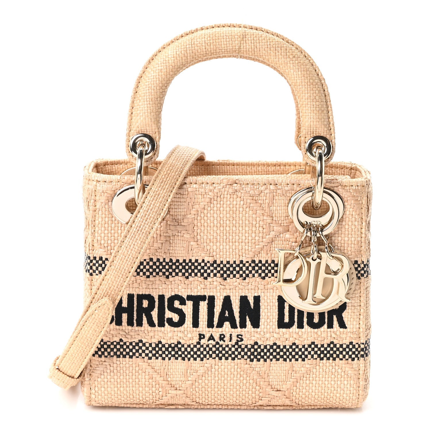 Dior Raffia Woven Cannage Embroidered Mini Lady D-Lite Natural Black