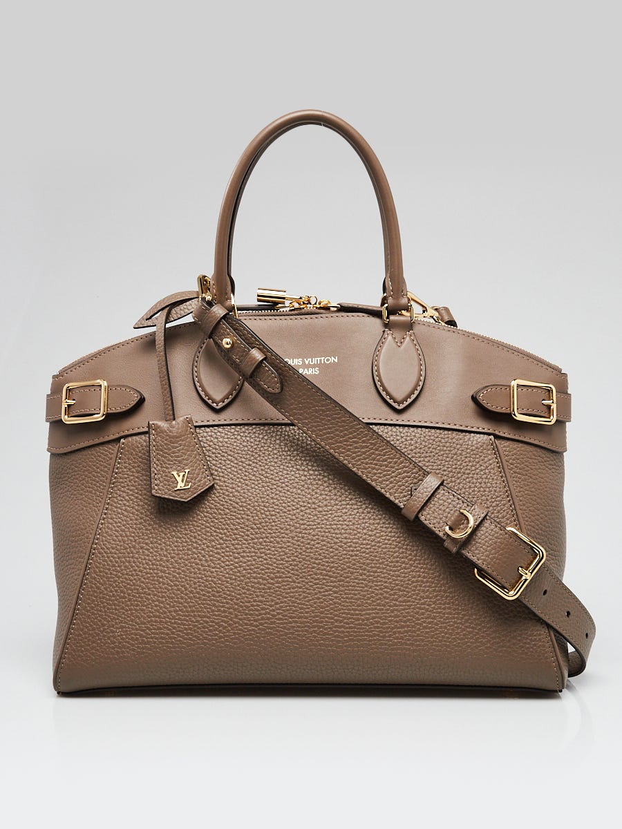 Louis Vuitton Lockit MM Earth Taurillon leather bag with gold hardware, 3/4 view with crossbody strap
