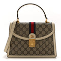 Gucci GG Supreme Monogram Textured Dollar Calfskin Web Small Ophidia Padlock Top Handle Bag Beige Ebony Mystic White