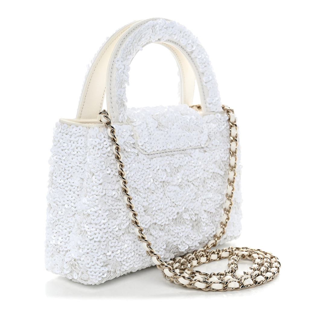 Chanel Sequin Nano Kelly Shopper White
