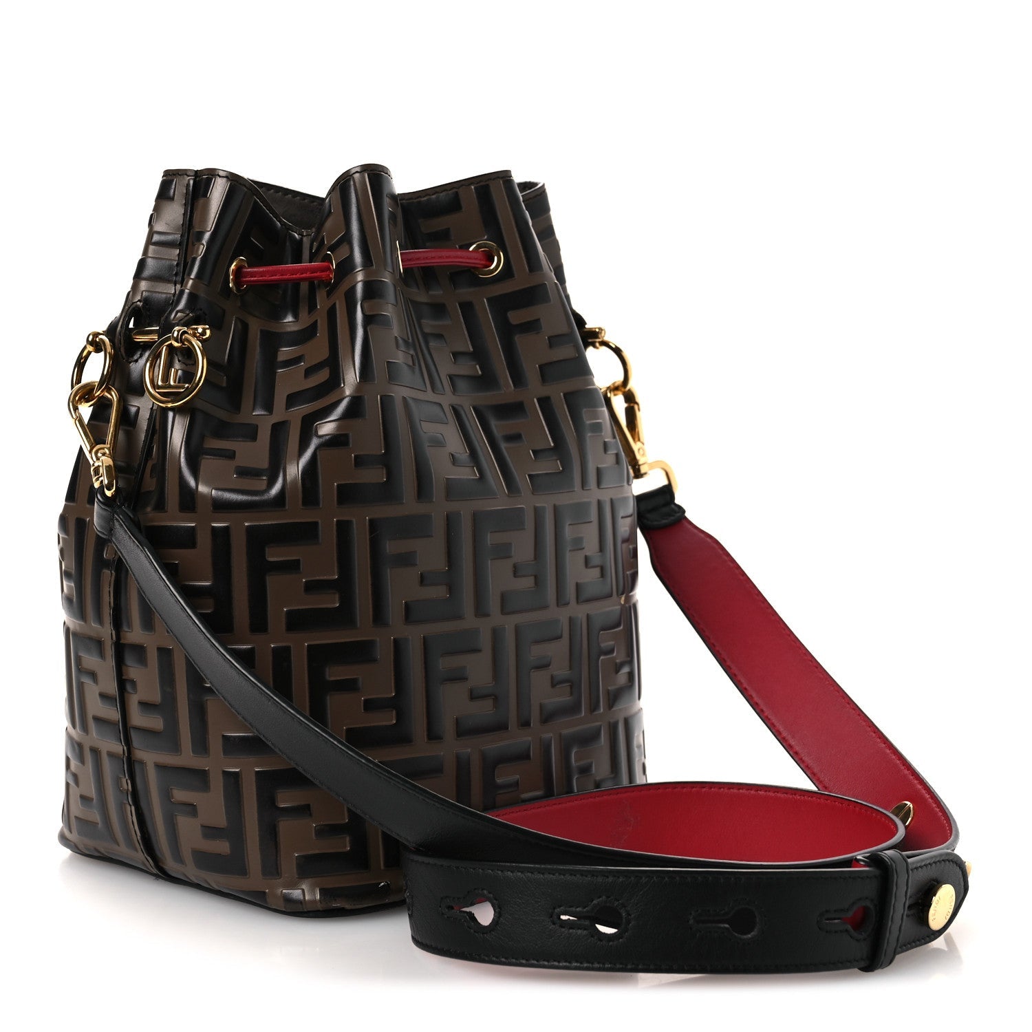 Fendi Vitello Grace F is Fendi Bi-Color FF 1974 Embossed Grande Mon Tresor Bucket Bag Maya Black Fragola
