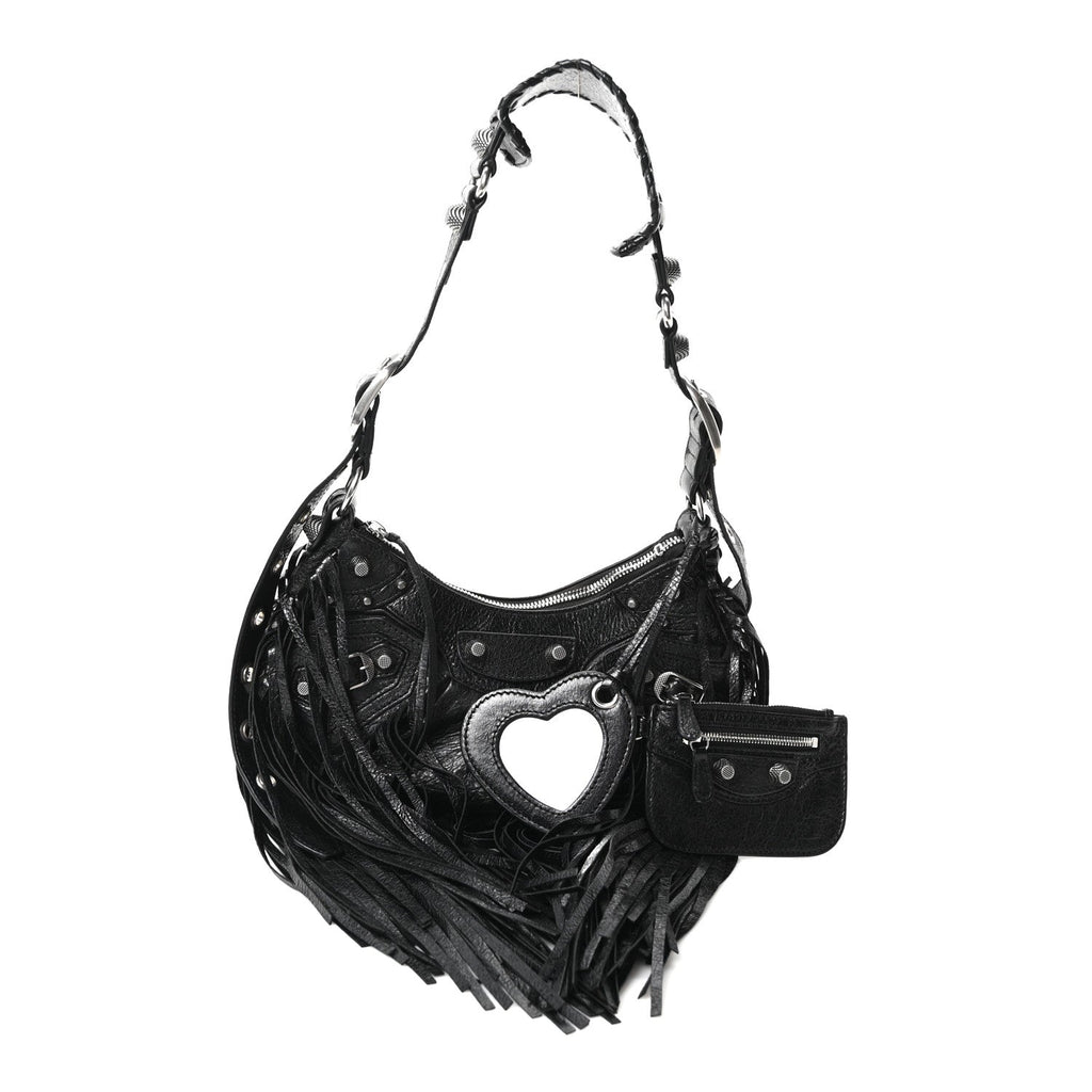 Balenciaga Agneau Arena Le Cagole Fringe Shoulder Bag XS Black