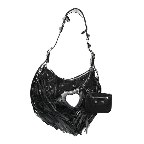 Balenciaga Agneau Arena Le Cagole Fringe Shoulder Bag XS Black