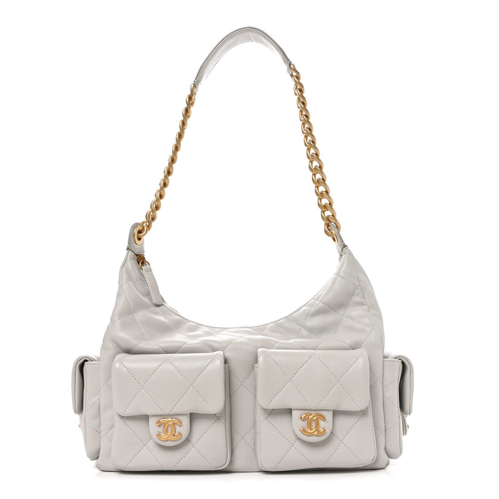 Chanel Shiny Lambskin Quilted Large Trendy Pockets Hobo Light Grey