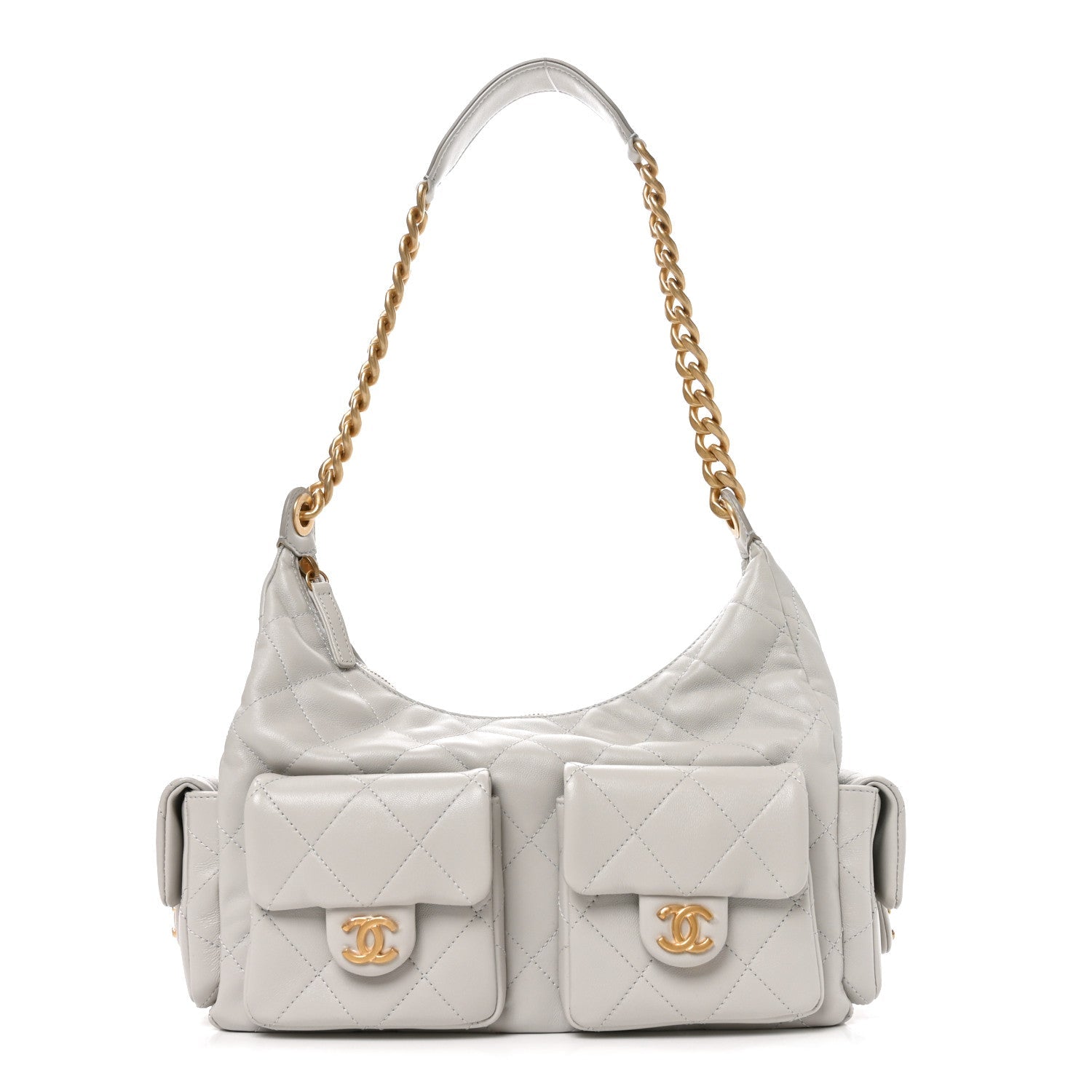 Chanel Shiny Lambskin Quilted Large Trendy Pockets Hobo Light Grey