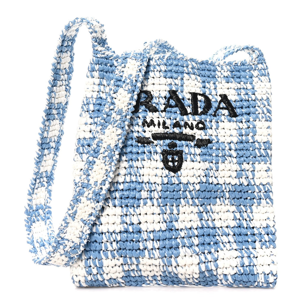 Prada Yarn Raffia Effect Crochet Embroidered Logo Tote Messenger Bag Celeste