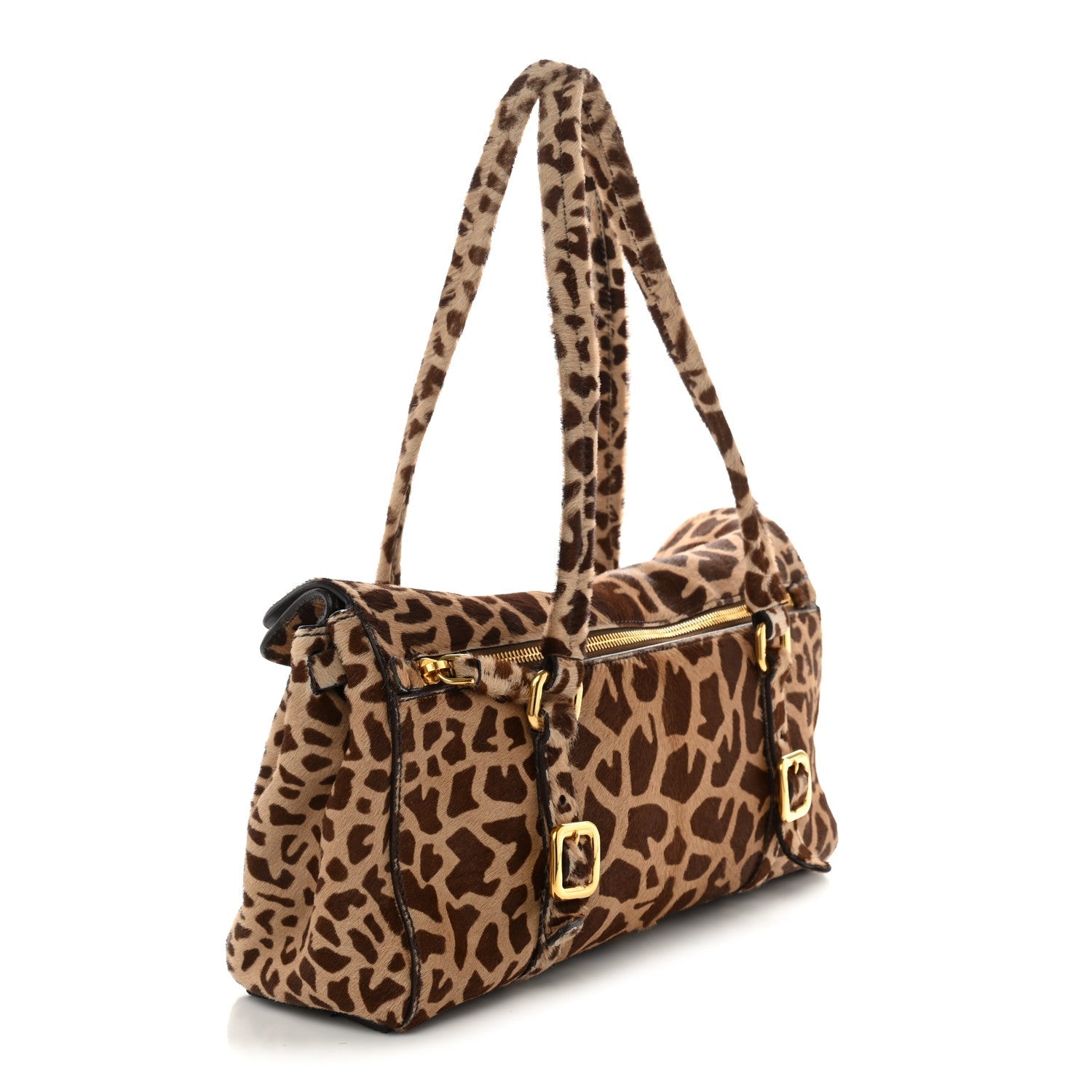 Prada Calf Hair Cavallino Giraffe Print Easy Foldover Pushlock Satchel Sabbia Moro