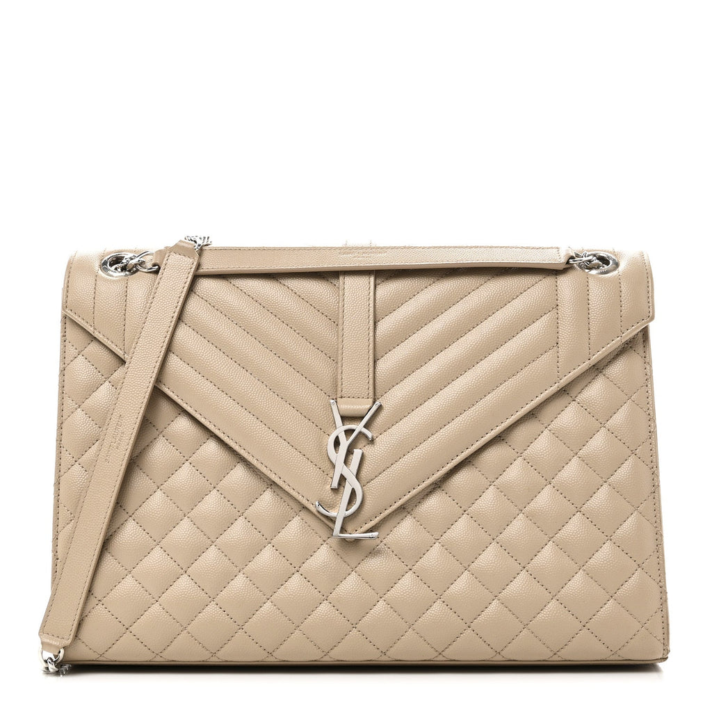 Saint Laurent Grain De Poudre Mixed Matelasse Large Triquilt Monogram Satchel Dark Beige