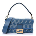 Fendi Denim Jacquard FF Effect Vitello Grace Reversible Baguette Ceruleo