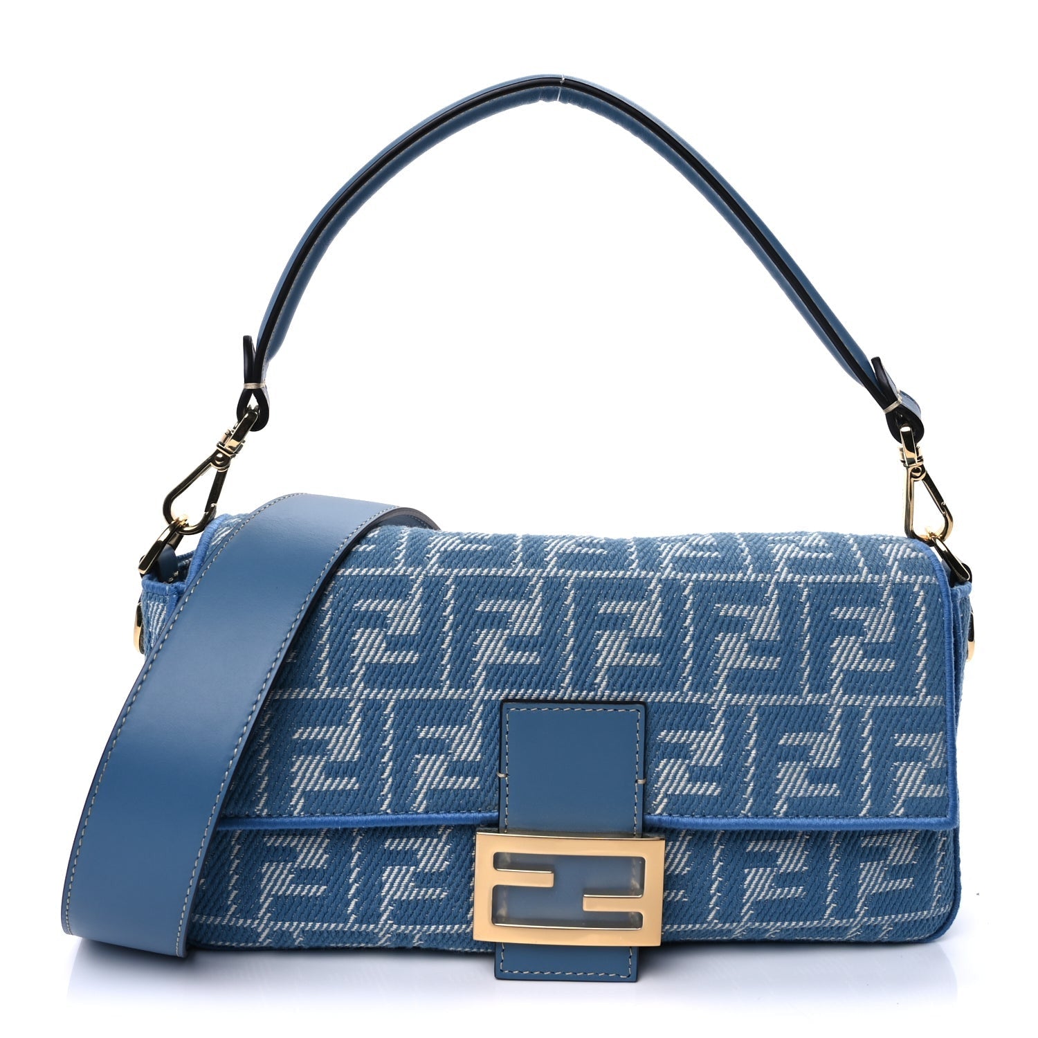 Fendi Denim Jacquard FF Effect Vitello Grace Reversible Baguette Ceruleo
