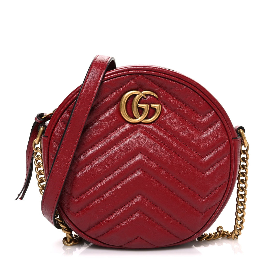 Gucci Glazed Calfskin Matelasse Heart Mini GG Marmont Round Shoulder Bag Romantic Cerise