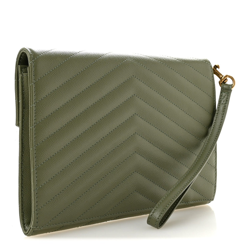 Saint Laurent Grain De Poudre Matelasse Chevron Monogram Envelope Clutch Light Sage