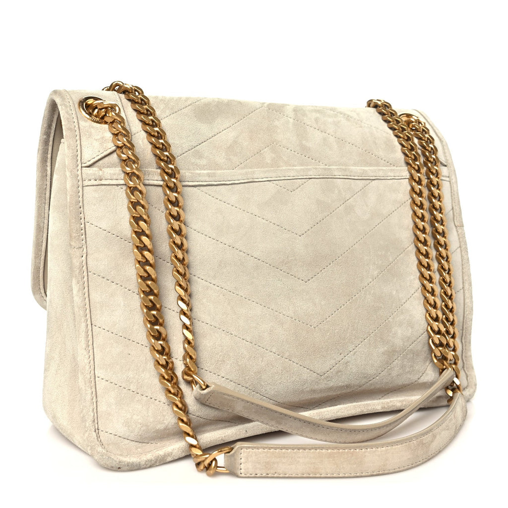 Saint Laurent Suede Monogram Medium Niki Chain Satchel Light Beige