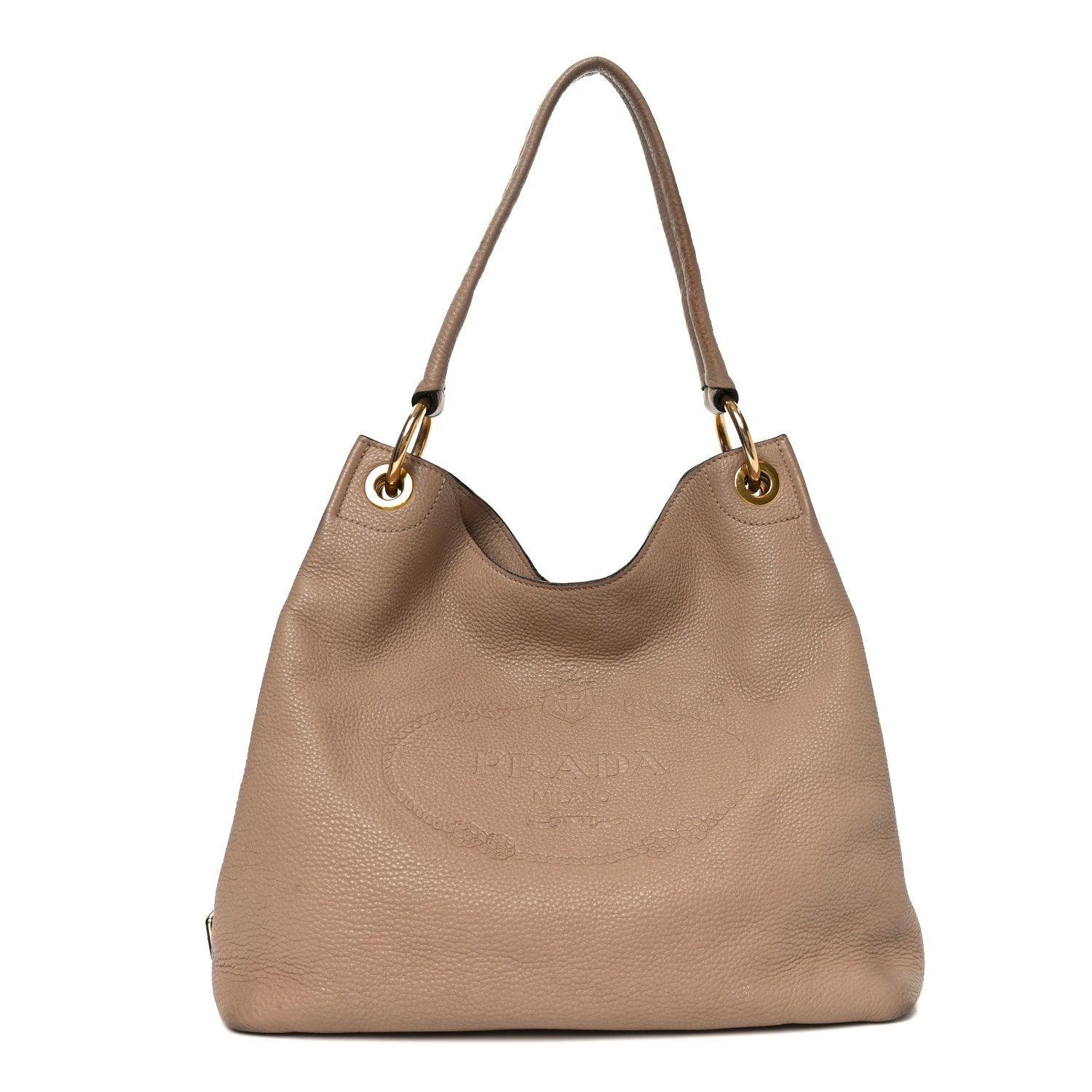 Prada Vitello Phenix Embossed Logo Hobo Caramel front view