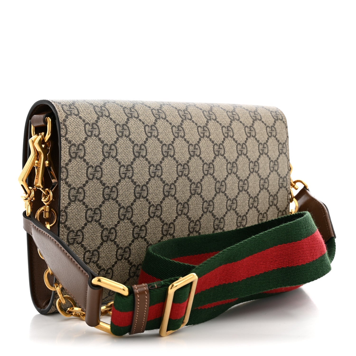 Gucci GG Supreme Monogram Azalea Calfskin Web Small Horsebit 1955 Crossbody Bag Beige Ebony Brown Sugar