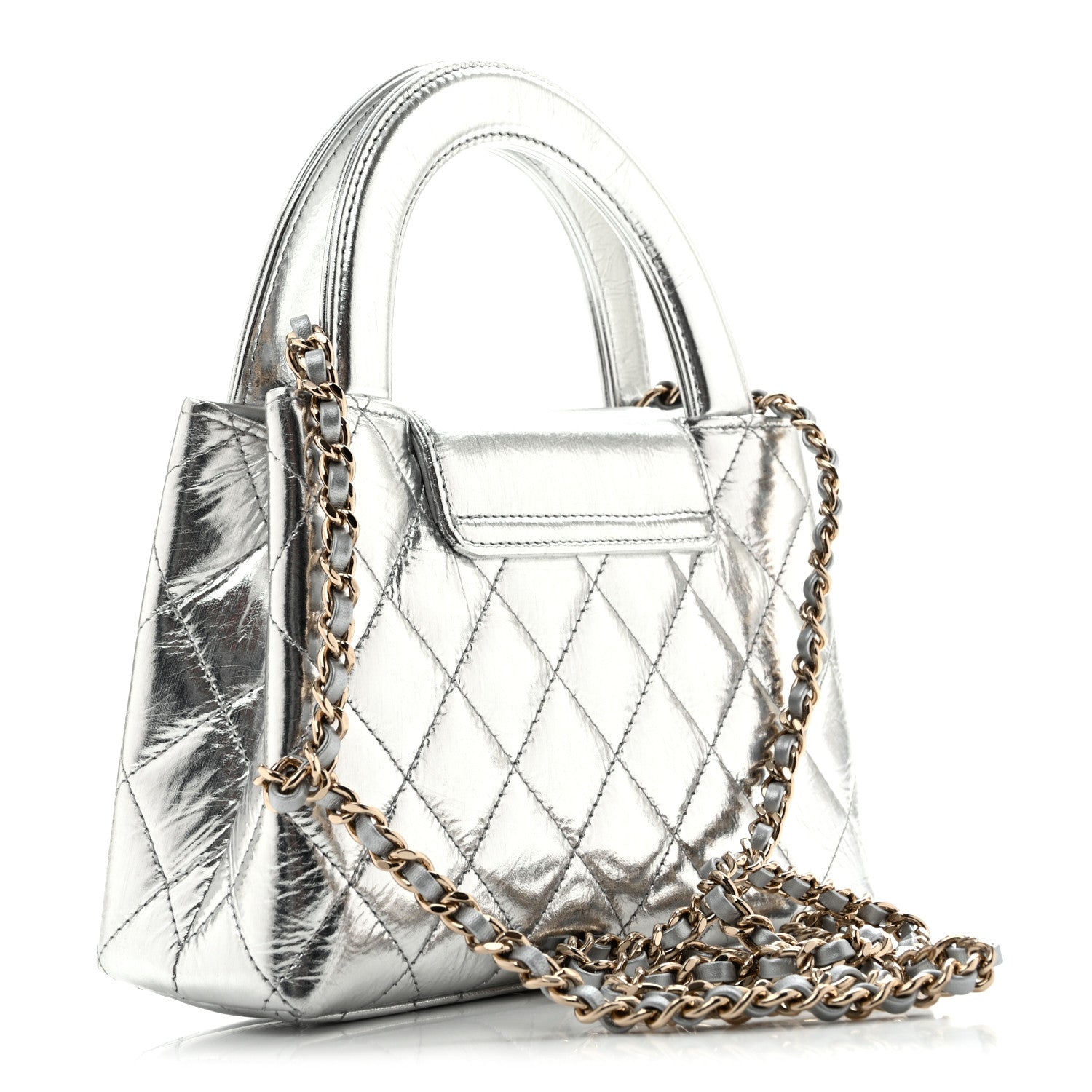 Chanel Metallic Aged Calfskin Quilted Nano Kelly Shopper Silvery