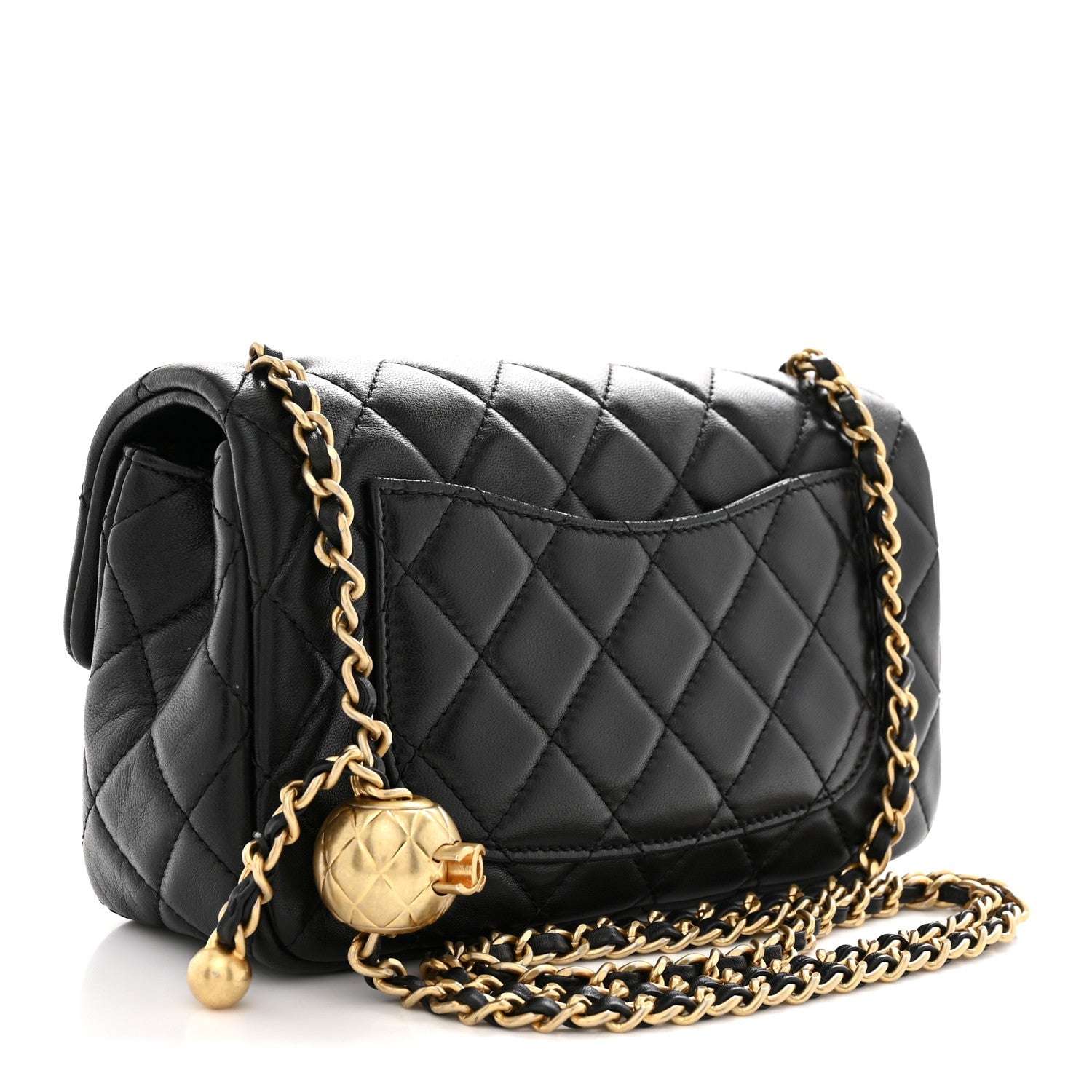 Chanel Pearl Crush Mini Flap - 3/4 view with gold ball chain