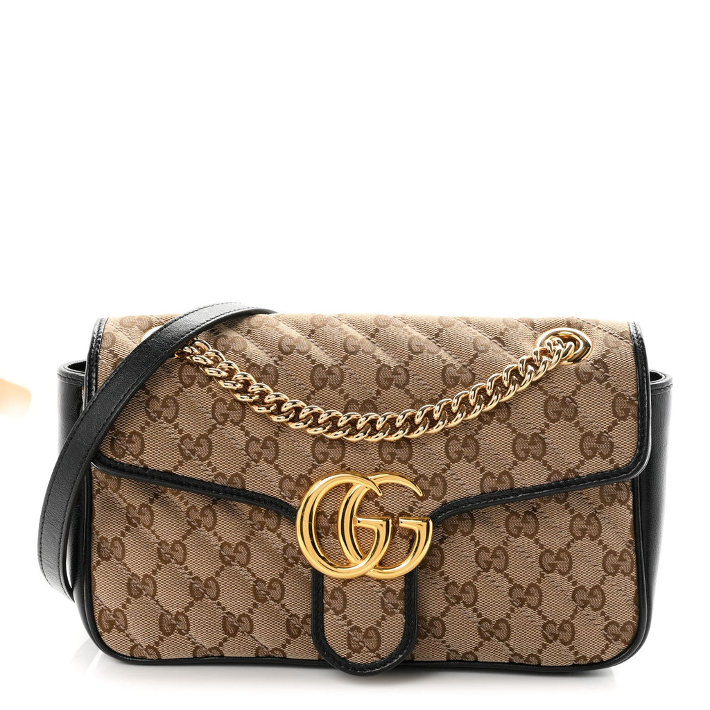 Gucci Monogram Matelasse Diagonal Small GG Marmont Shoulder Bag Beige Black