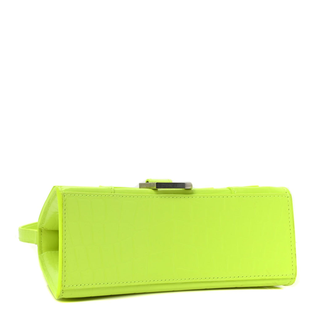 Balenciaga Shiny Calfskin Crocodile Embossed Hourglass Top Handle Bag XS Fluo Yellow
