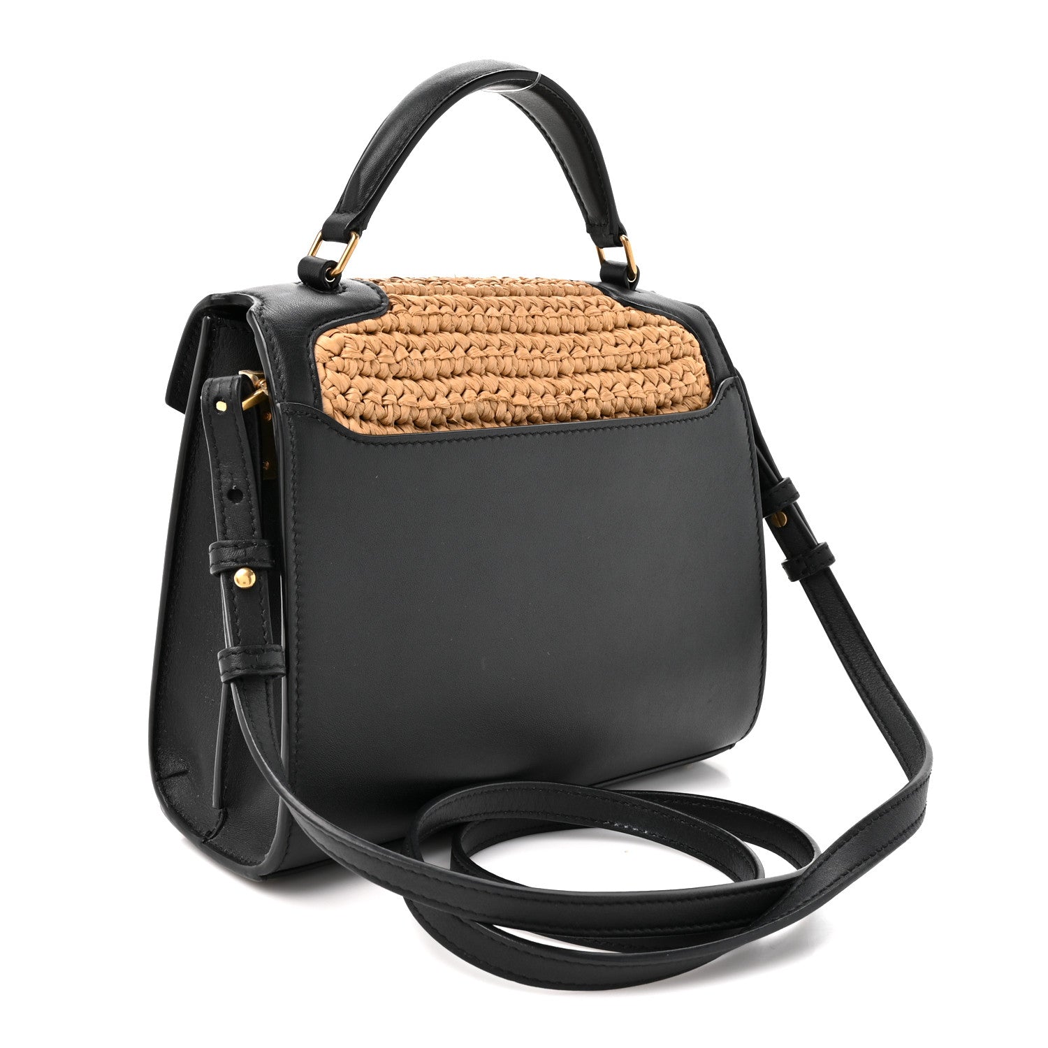 Saint Laurent Raffia Calfskin Mini Classic Monogram Cassandra Top Handle Black Natural