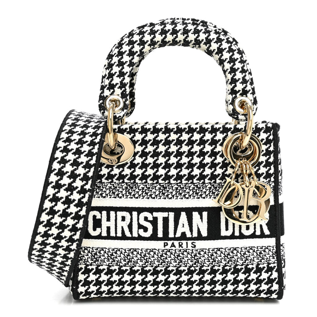 Dior Canvas Houndstooth Embroidered Mini Lady D-Lite Black White