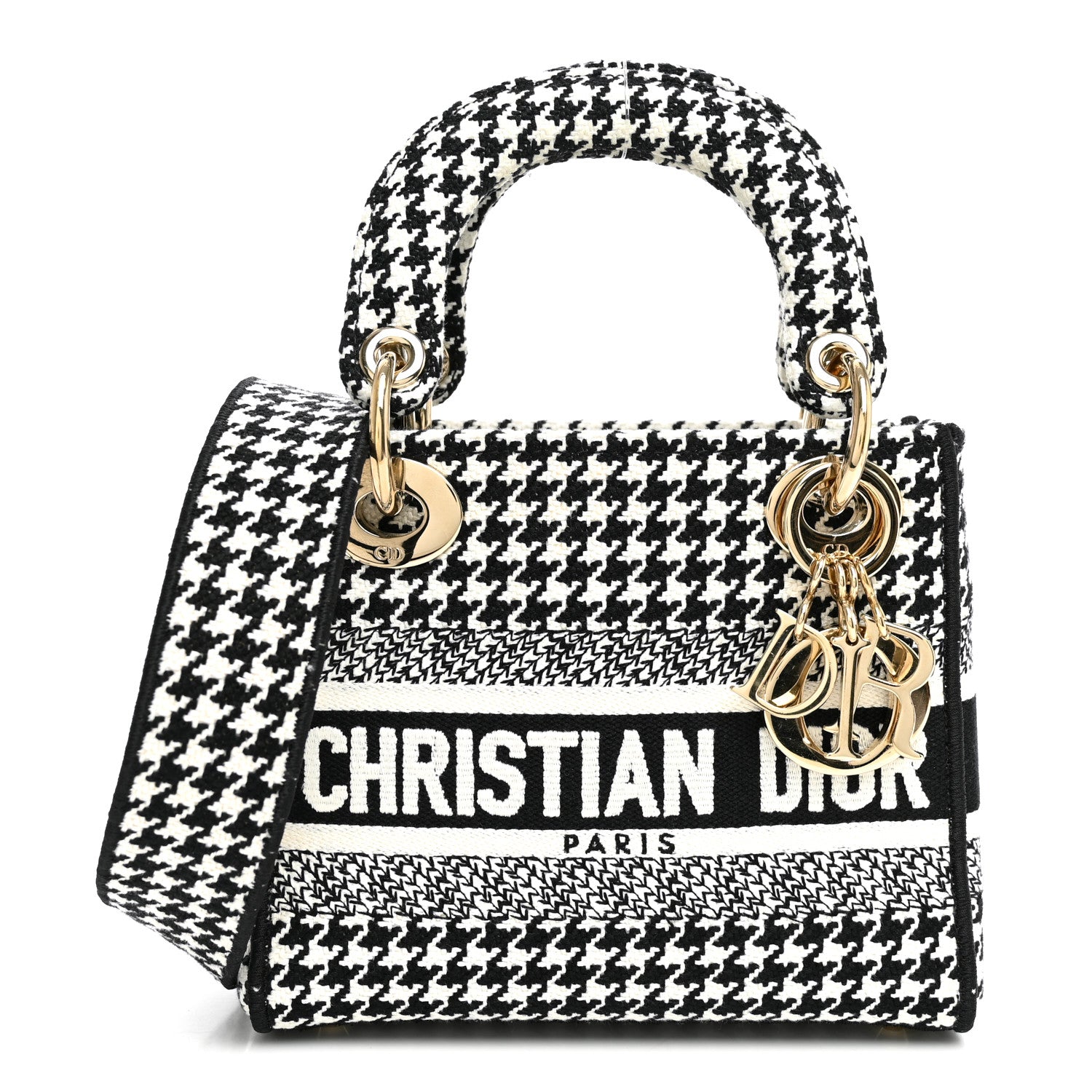 Dior Canvas Houndstooth Embroidered Mini Lady D-Lite Black White