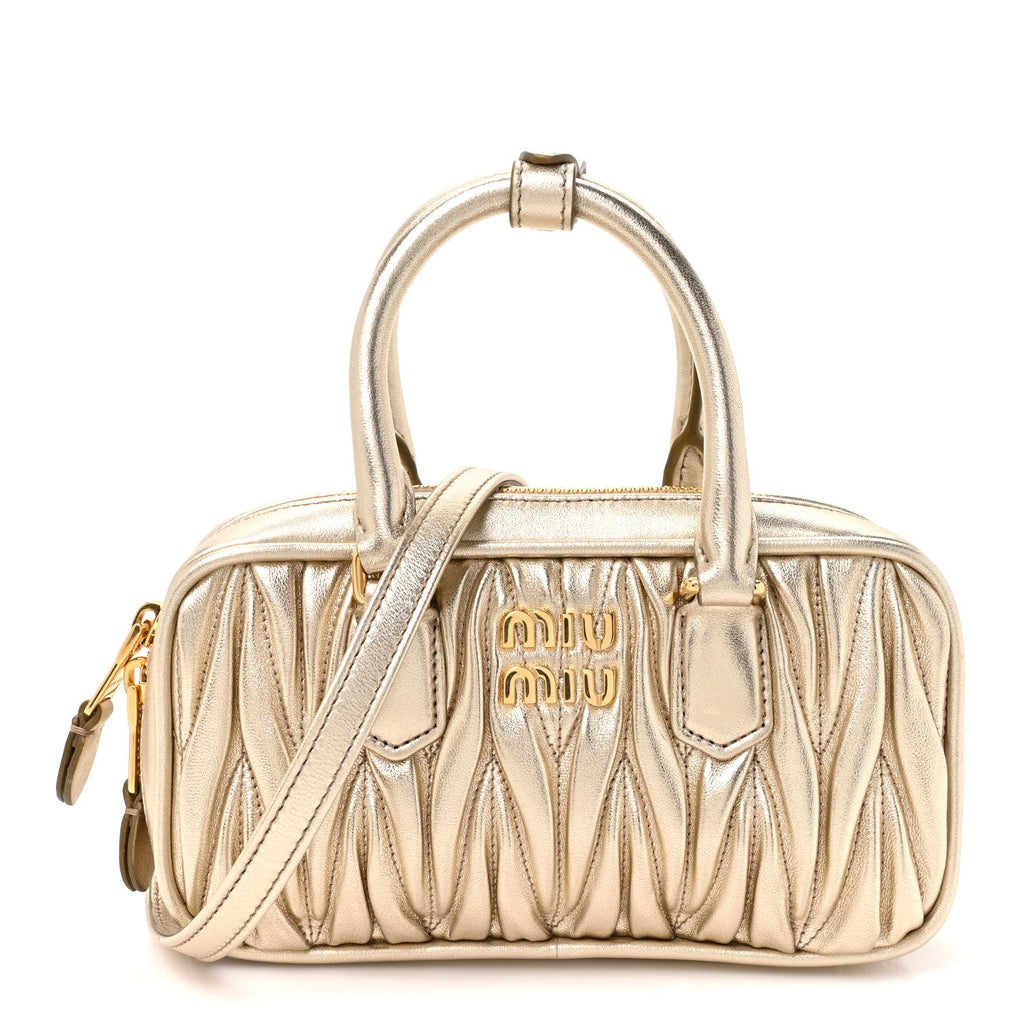 Miu Miu Metallic Nappa Matelasse Mini Arcadie Top Handle Bag Pirite