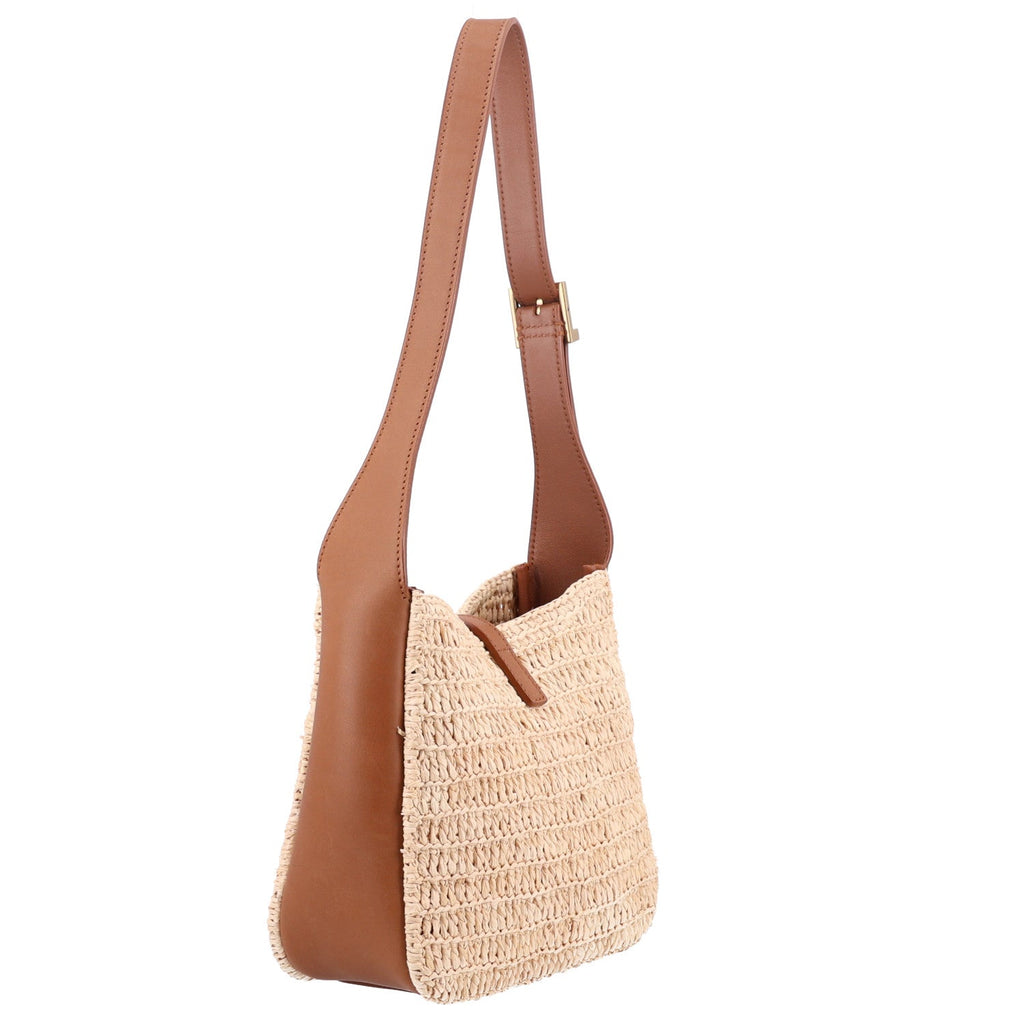 Saint Laurent Raffia Calfskin Le 5 A 7 Baby Hobo Natural Brick