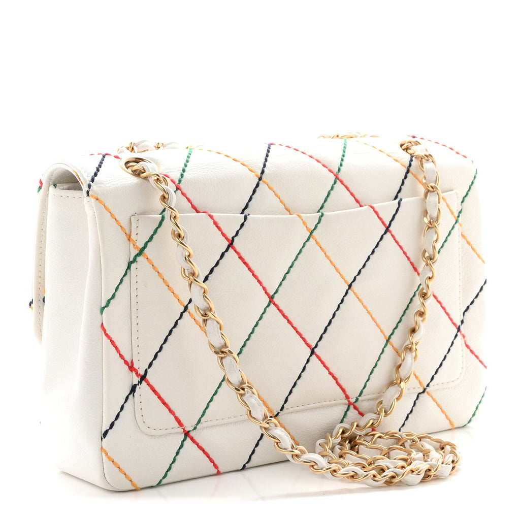 Chanel Calfskin Rainbow Stitched Medium Flap White Multicolor