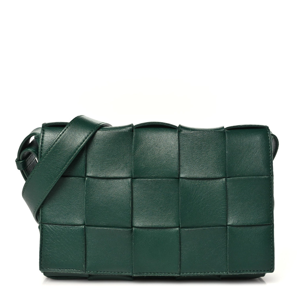 Bottega Veneta Grained Calfskin Maxi Intrecciato Cassette Crossbody Bag Raintree Green front view