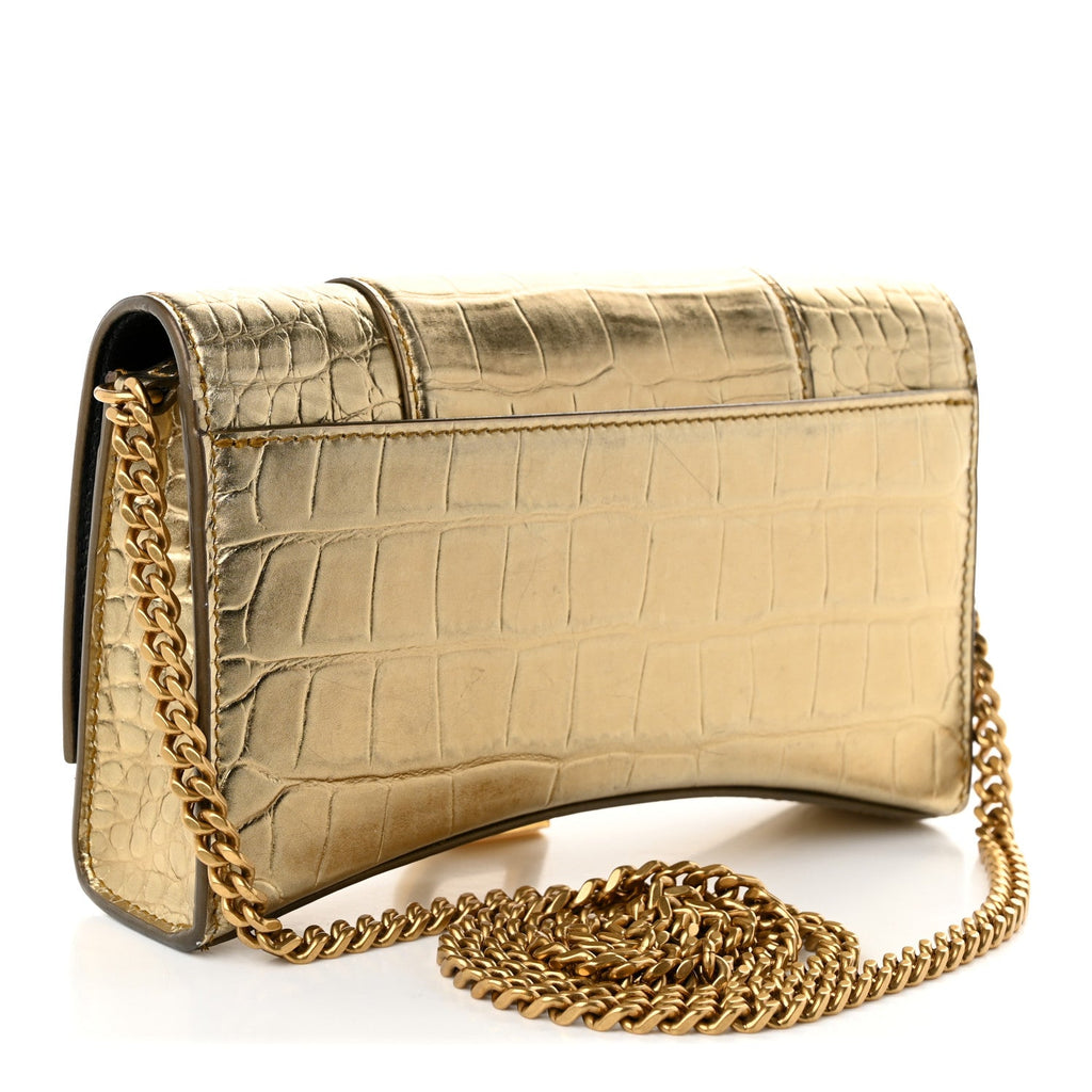 Balenciaga Metallic Calfskin Crocodile Embossed Hourglass Chain Bag Gold