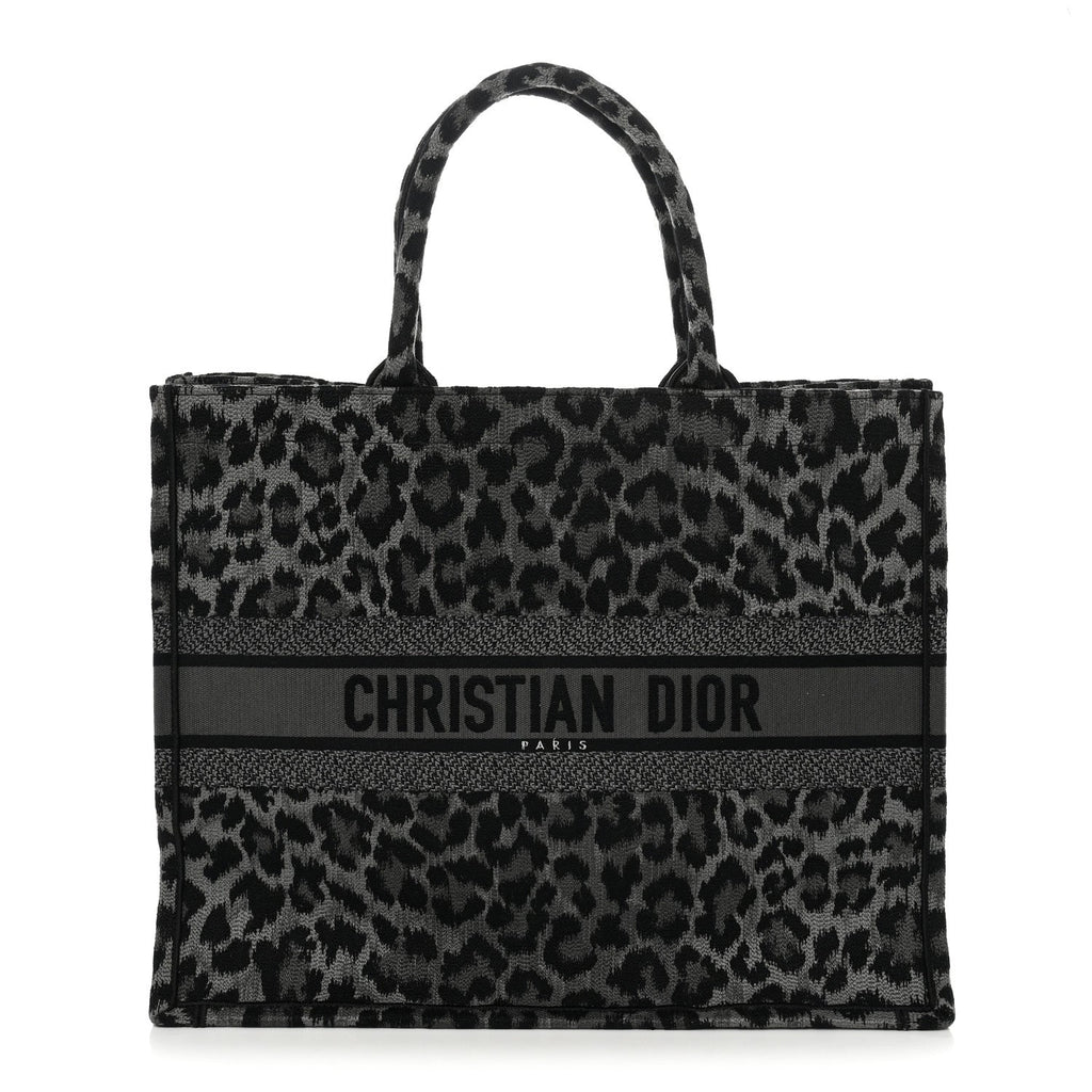 Dior Canvas Mizza Embroidered Large Leopard Book Tote Grey