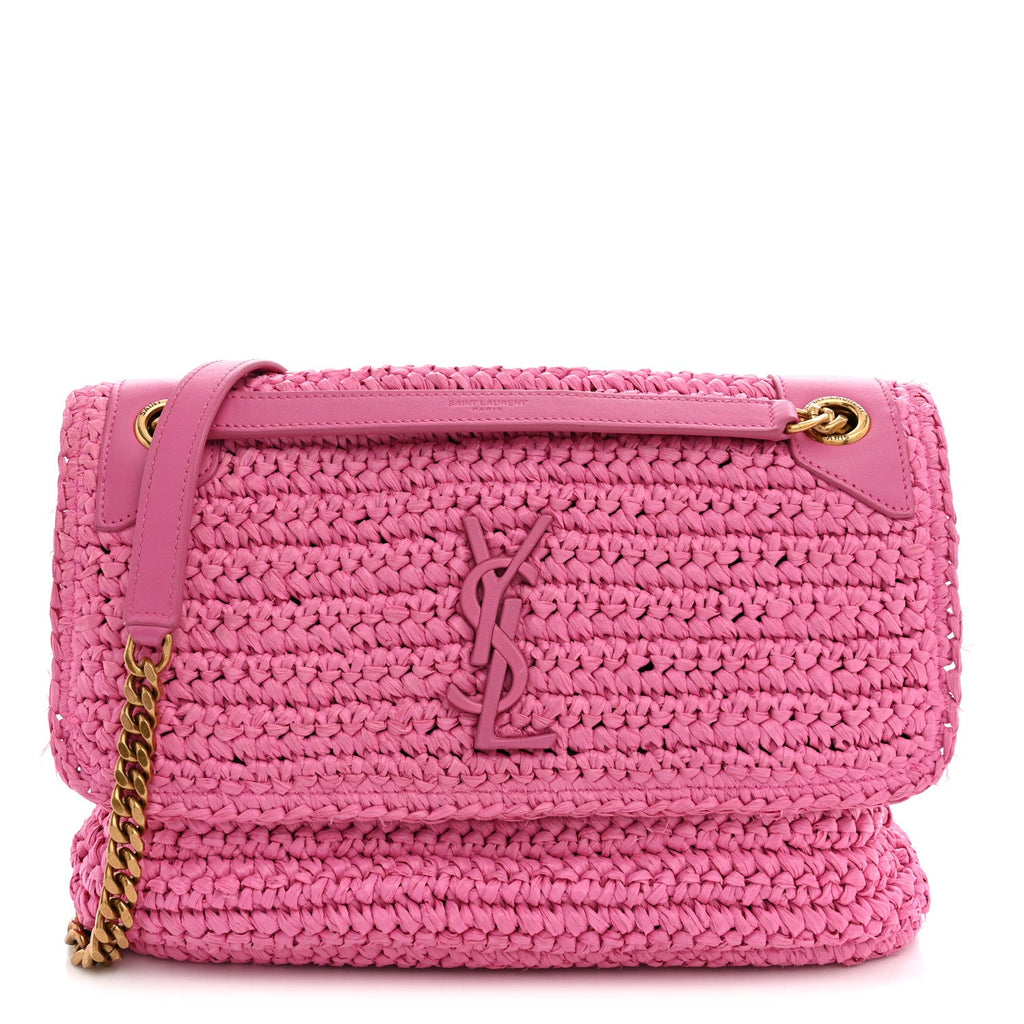 Saint Laurent Raffia Calfskin Monogram Medium Niki Chain Satchel Bright Pink