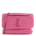 Saint Laurent Raffia Calfskin Monogram Medium Niki Chain Satchel Bright Pink