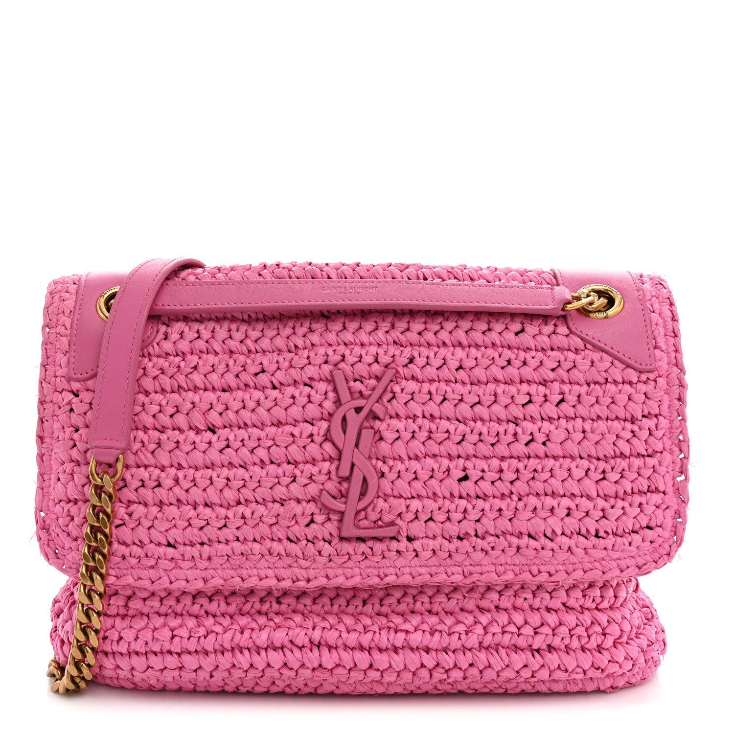 Saint Laurent Raffia Calfskin Monogram Medium Niki Chain Satchel Bright Pink