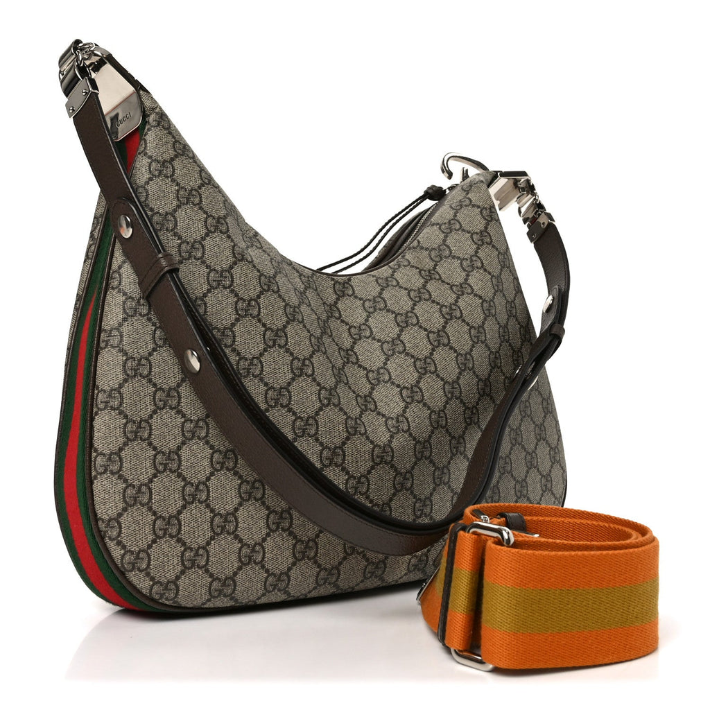 Gucci GG Supreme Monogram Textured Calfskin Web Large Attache Shoulder Bag Beige Ebony New Acero