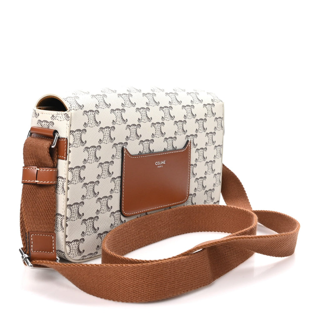 Celine Triomphe Canvas Calfskin Flap Messenger Bag Tan Ecru