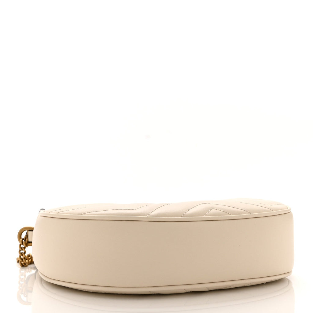Gucci Calfskin Matelasse Chevron Mini GG Marmont Half Moon Hobo Mystic White