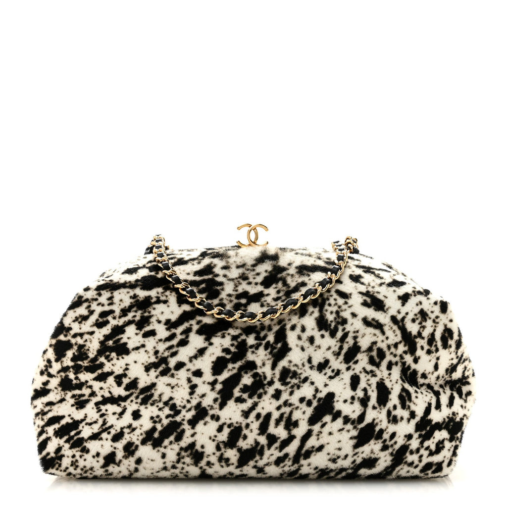 Chanel Lambskin Pony Hair Printed Clutch With Chain Black White