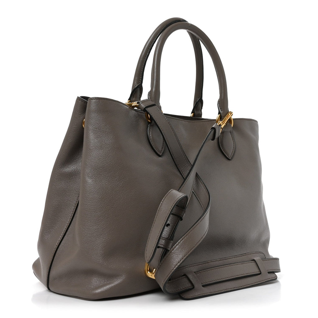 Prada Glace Calfskin Embossed Logo Tote Argilla