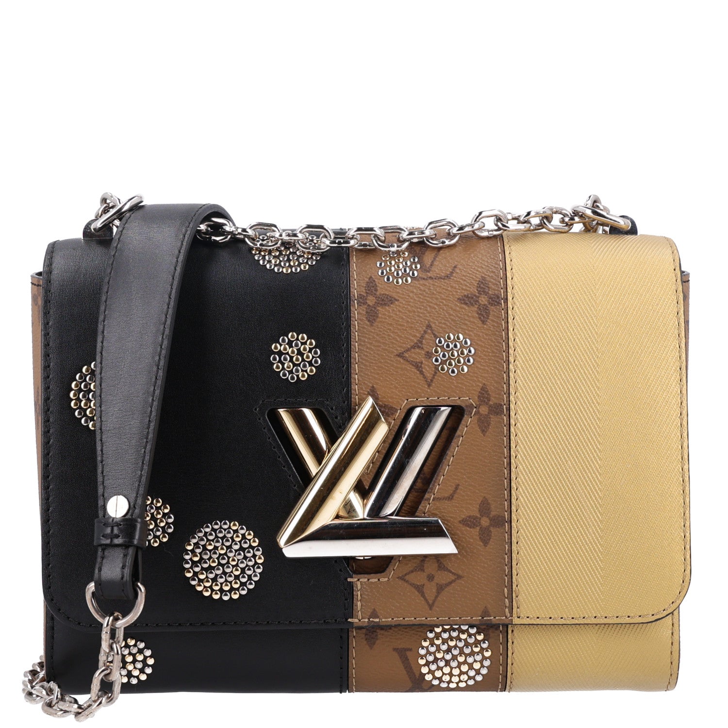 Louis Vuitton Calfskin Reverse Monogram Studded Twist Shoulder Bag MM Black Gold