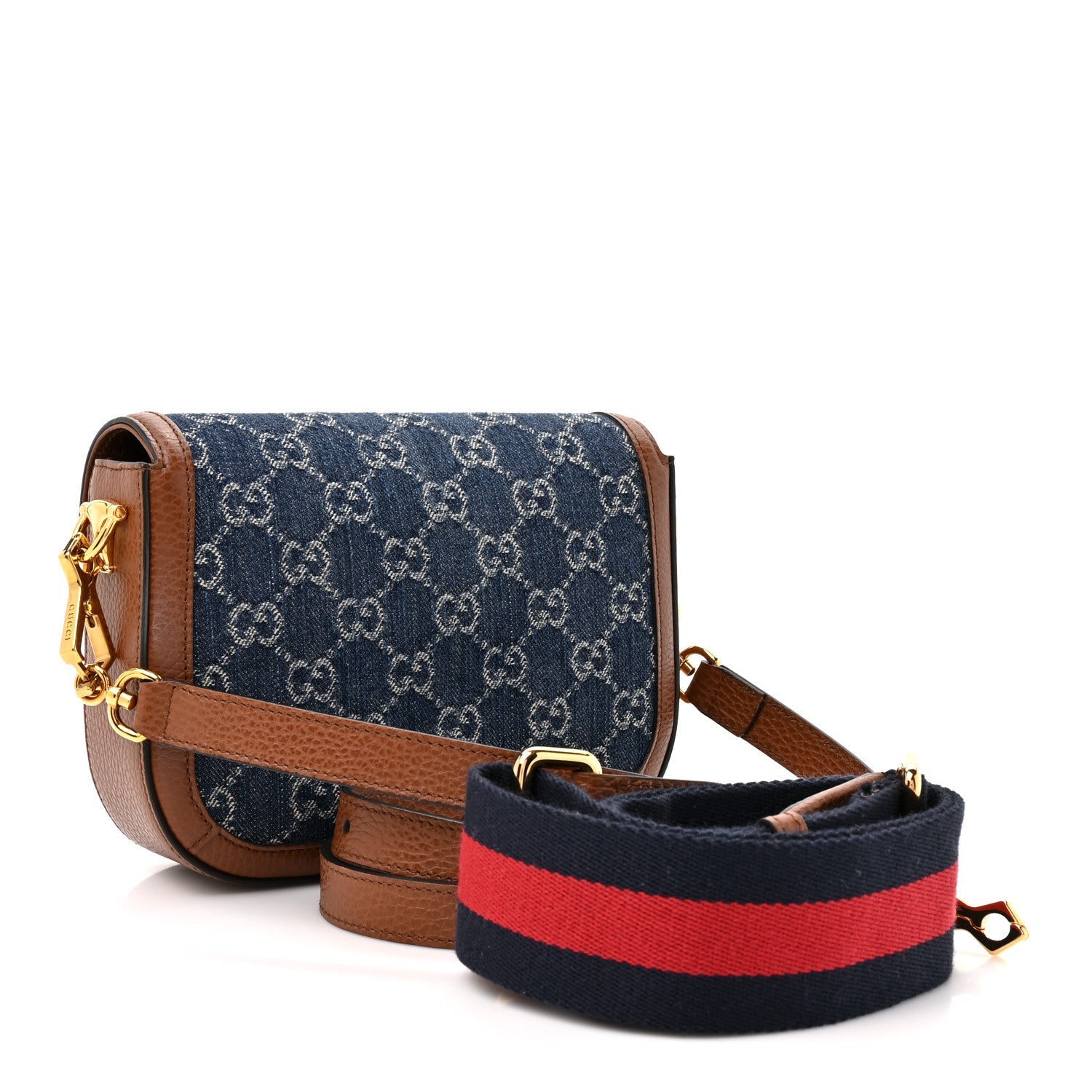 Gucci New Denim GG Monogram Dollar Calfskin Web Mini Horsebit 1955 Shoulder Bag Blue Tea Cuir Epilog