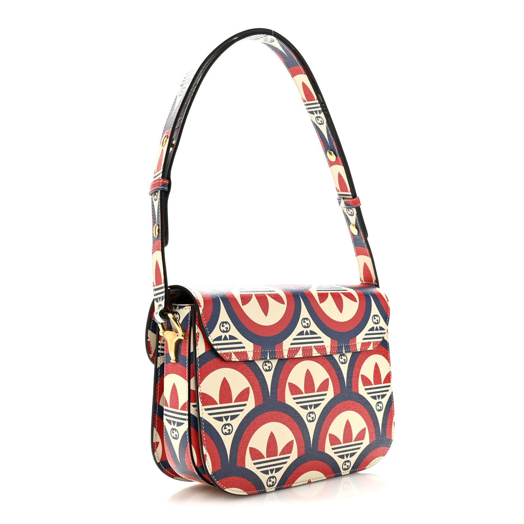 Gucci X ADIDAS Shangai Calfskin Web Trefoil Interlocking G Small Horsebit 1955 Shoulder Bag Red White Blue
