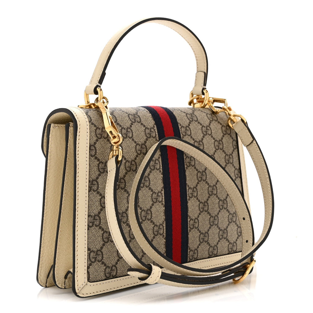 Gucci GG Supreme Monogram Textured Dollar Calfskin Web Small Ophidia Padlock Top Handle Bag Beige Ebony Mystic White