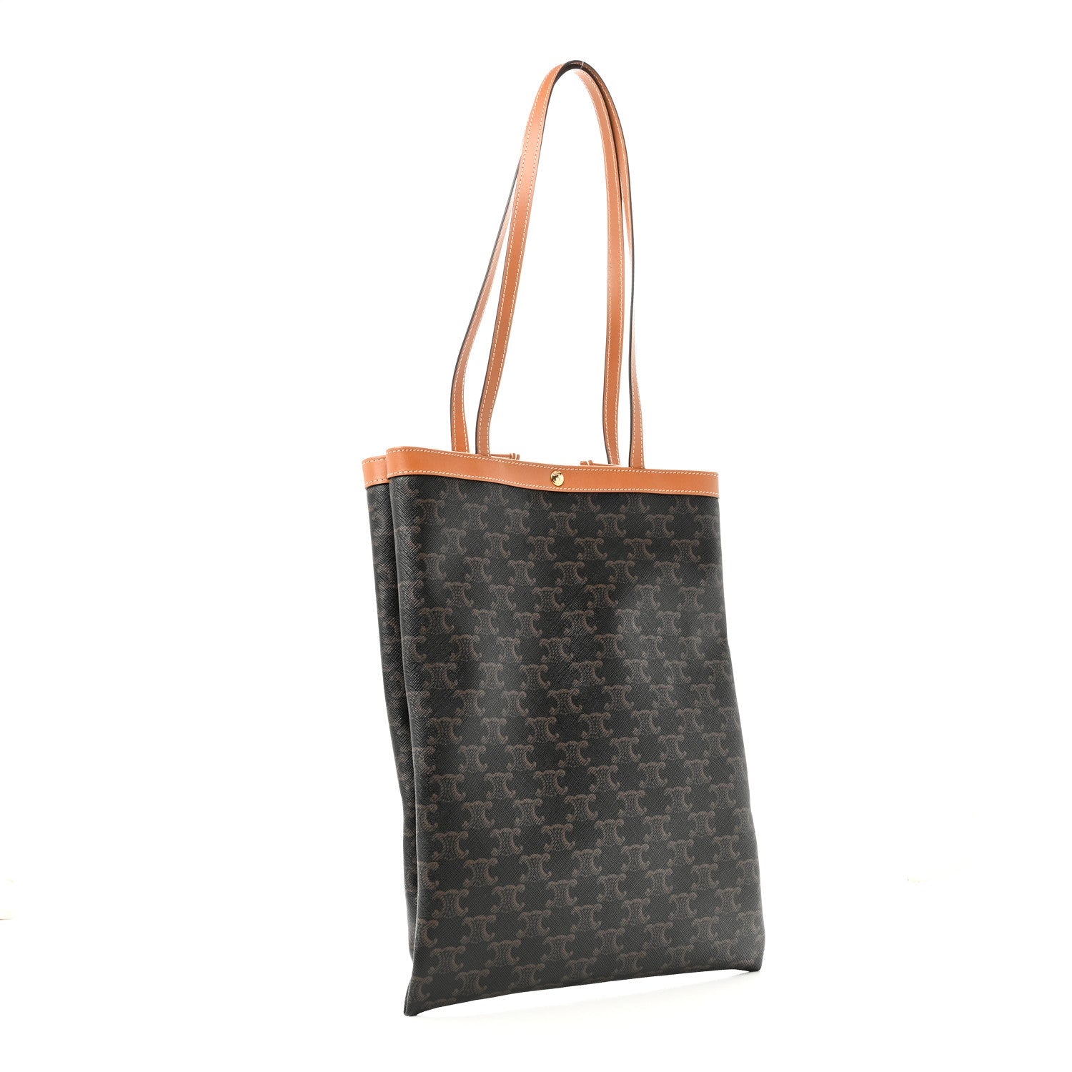 3/4 angle view — Celine Vertical Triomphe Canvas Flat Tote dark canvas tan leather