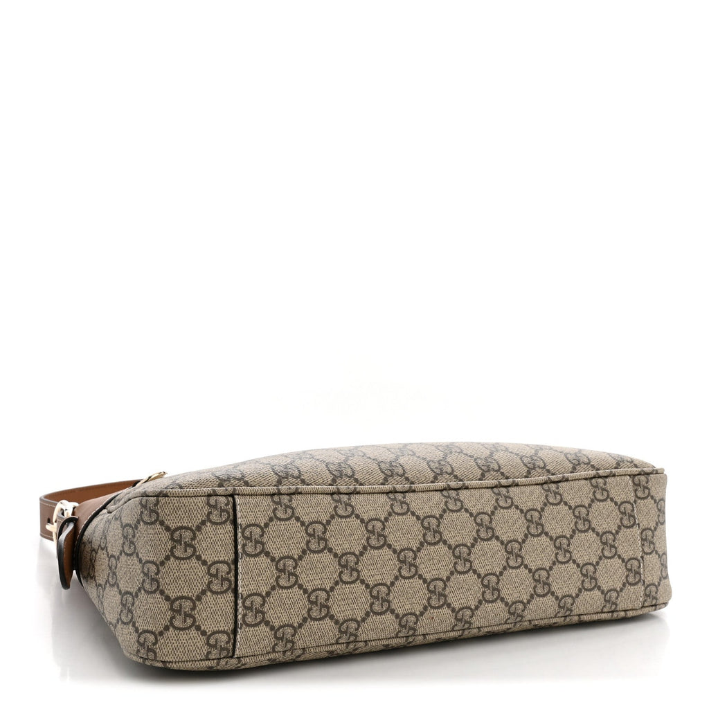 Gucci GG Supreme Monogram Textured Calfskin Medium Emblem Shoulder Bag Beige Dark Brown