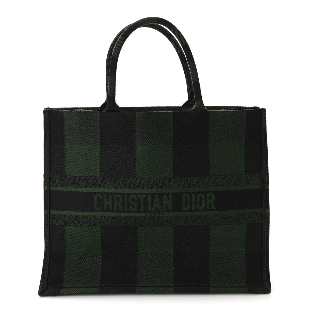 Dior Canvas Embroidered Checkered Book Tote Black Green